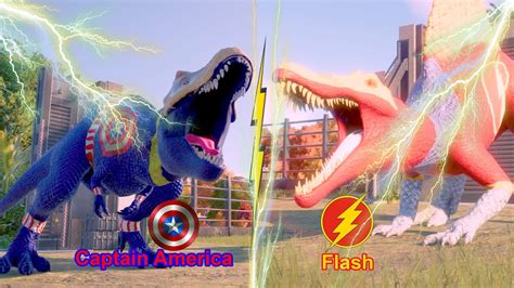 Captain America Tyrannosaurus Rex Vs Flash Spinosaurus Battle In