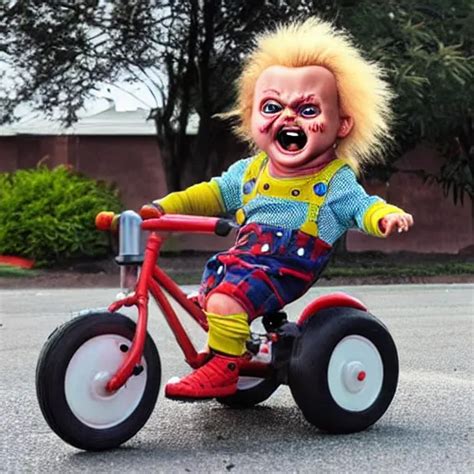 Cute Screaming Chucky Doll Riding A Tricycle Stable Diffusion