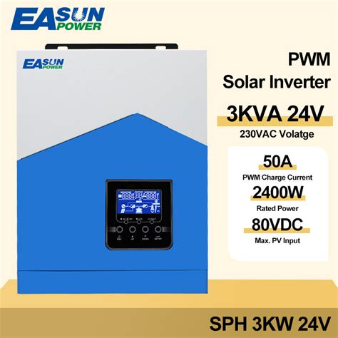 Easun Power 3000w Solar Inverter 3kva Inverter 220v Ac Pure Sine Wave 2400w 24vdc Pwm 50a Solar