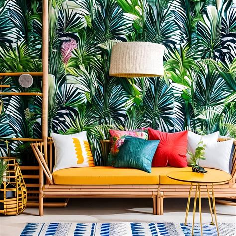 A Tropical-themed Bedroom with Palm Leaf Wallpaper, Bamboo Furniture ...