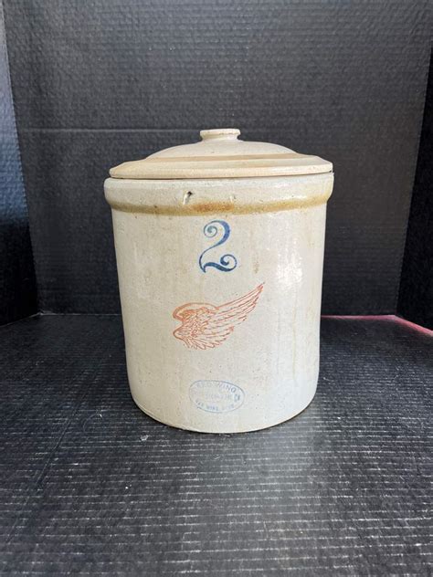 Lot 99 Vintage Stoneware Red Wing 2 Gallon Crock W Lid Adams