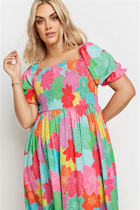 Yours Plus Size Pink And Blue Floral Print Shirred Midaxi Dress Yours Clothing