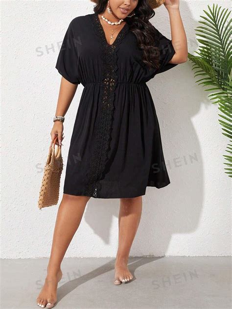 Shein Curve Plus Size Lace Splicing Batwing Sleeve Cover Up Dress For