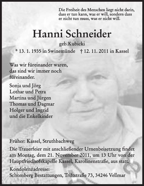 Traueranzeigen Von Hanni Schneider Trauer Hna De