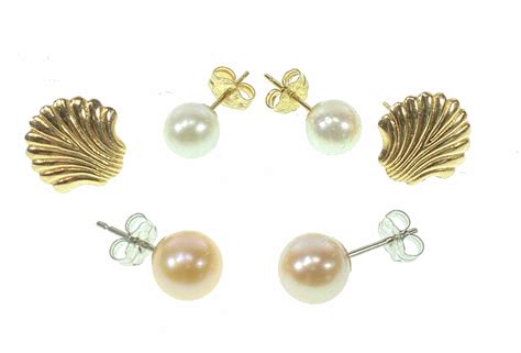 Lot 3 Pairs 14k Yellow Gold And Pearl Earrings