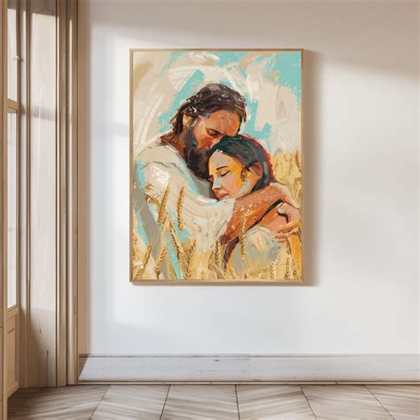 His Love Jesus Hugging A Women In A Field Painting Christian Art Print Digital Printable Faith