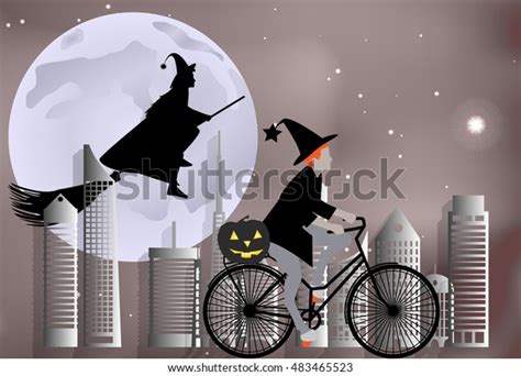 Vector Illustration Witch Riding Bike Around Stock Vector (Royalty Free ...