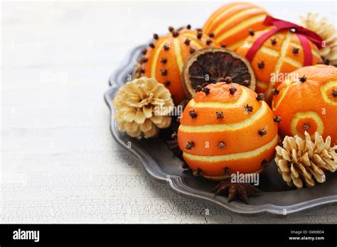 Spiced Orange Pomander Balls Scented Christmas Table Decoration Stock