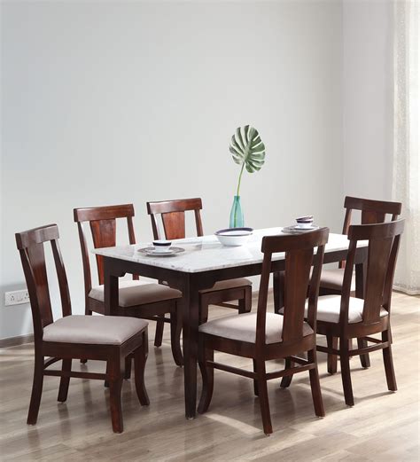 Buy Plinto Marble Top 6 Seater Dining Set In Teak Wood Finish At 6 OFF