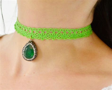 Lime Green Choker Lace Crystal Necklace Drop Clear Crystal