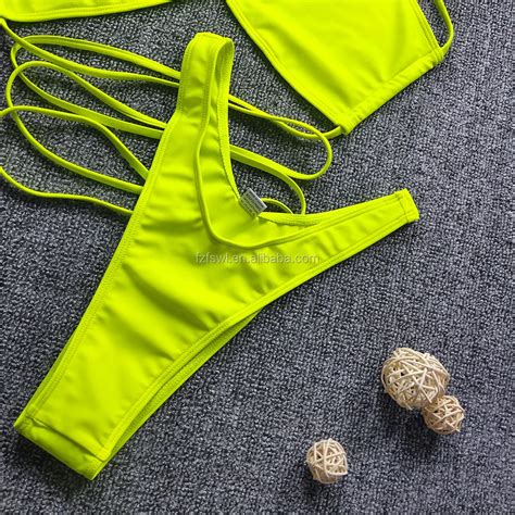 Silver Fluorescent Green Orange Front String Tie Cross T Style Bikini Set Swimsuit Swimwear