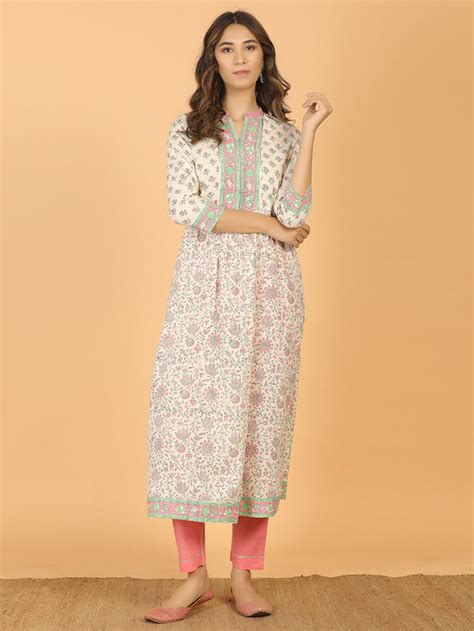 Buy White Pink Hand Block Printed Cotton Kurta With Pants Set Of 2