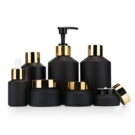 Matte Black Gold Cosmetic Cream Jar And Bottle Glass Frosted Skincare