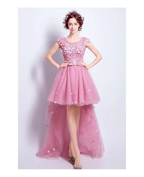 Pink A Line Scoop Neck High Low Tulle Prom Dress With Appliques Lace