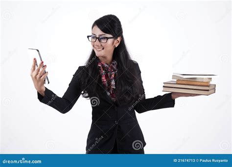 Business Woman Holding Books And Digital Tablet Stock Image Image Of