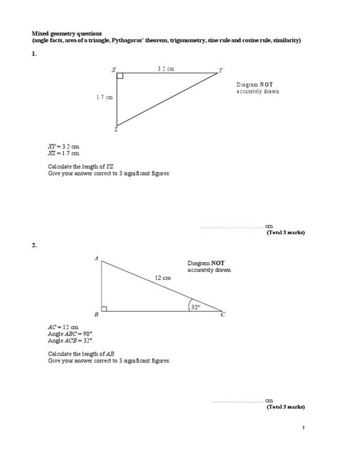 Mixed Geometry Questions Angle Facts Area Of A Triangle Pythagoras Theorem Trigonometry