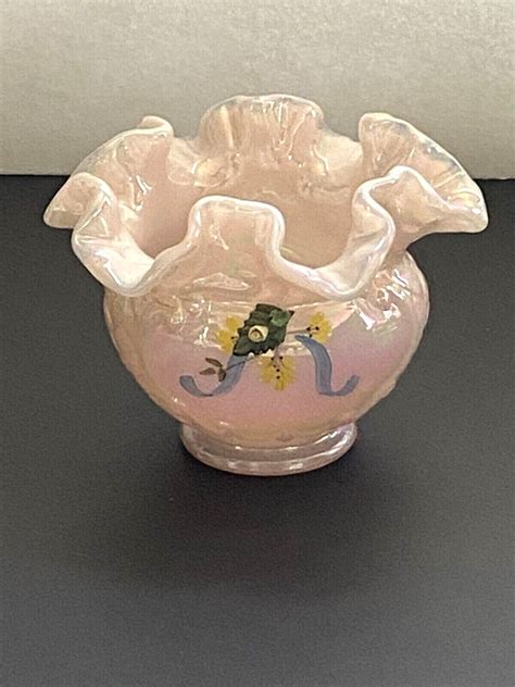 Fenton Pink Opalescent Hand Painted Artist Signed Applied Flower Rose Vase Ebay