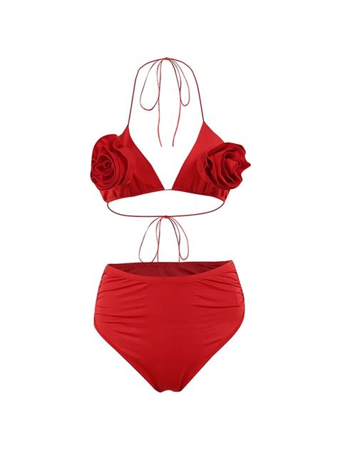 Emmiol Free Shipping 2024 Solid Color Flower Lace Up Bikini Red M In