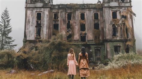 Dos Mujeres Se Paran Frente A Un Edificio En Ruinas Foto Premium