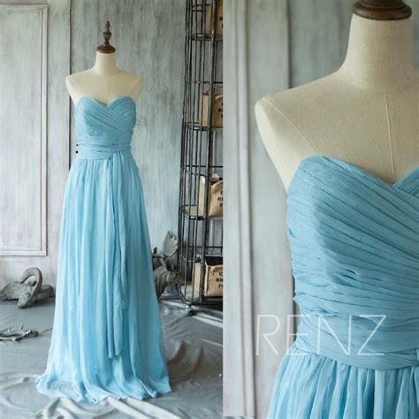 2015 Light Blue Bridesmaid Dress Long Ruched Chiffon Party Dress