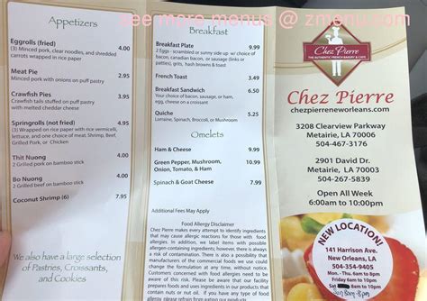 Menu at Chez Pierre Bakery Lakeview, New Orleans, 141 Harrison Ave