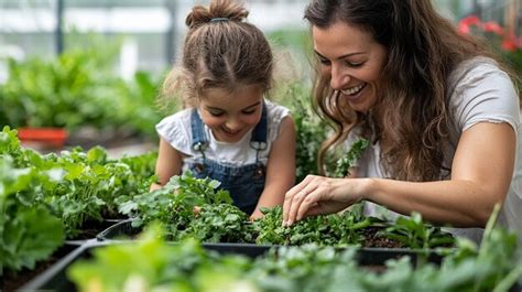 A Mother And Daughter Harvest Vegetables In A Greenhouse Premium Ai Generated Image