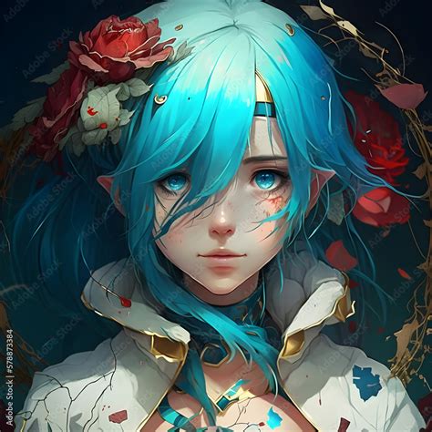 Anime Girl Blue Flowers Hair Blue Anime Style Flowers Girl Dark Stock Illustration Adobe