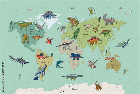 Dinosaur world map vector illustration. Stock Vector | Adobe Stock