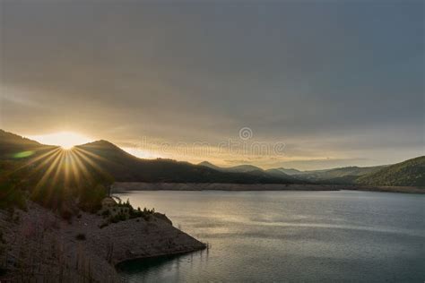 View Of The Itoiz Reservoir In Navarra Very Empty Due To The Summer