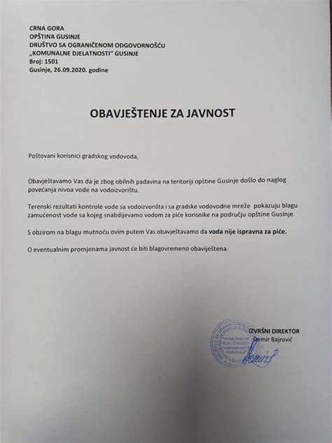 Obavještenje o kvalitetu i ispravnosti vode za piće Gusinje