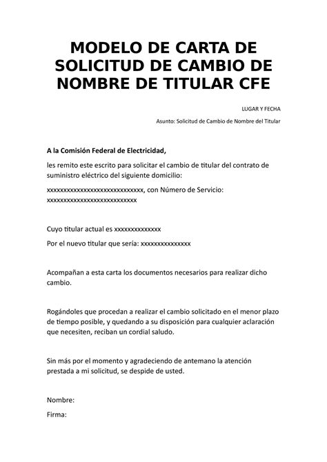 Modelo De Carta De Solicitud De Cambio De Nombre Cfe Modelo De Carta De Solicitud De Cambio De