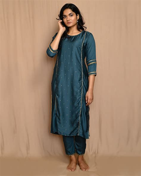 Teal Green Embroidered Gota Kurta With Pants And Dupatta Set Of Three