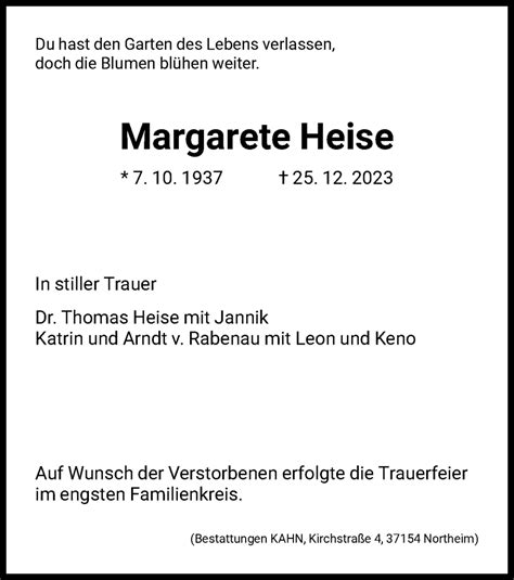 Traueranzeigen Von Margarete Heise Trauer Hna De