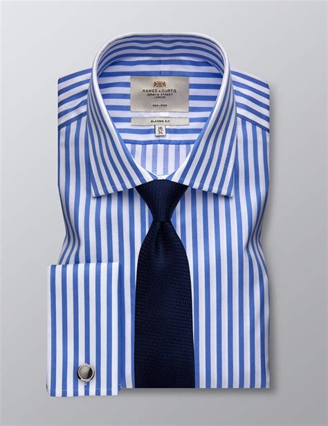 Men S Formal Blue White Bengal Stripe Classic Fit Shirt Double Cuff