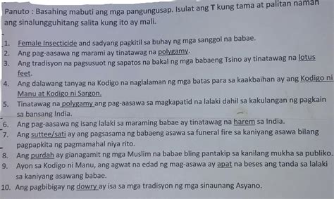 Panuto Basahing Mabuti Ang Mga Pangungusap Isulat Ang T Kung Tama At