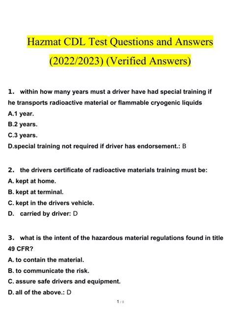 Hazmat CDL Test Questions And Answers Latest 100 Correct Answers