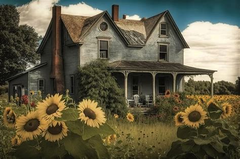 Premium Photo | Farmhouse with sunflowers in the front yard