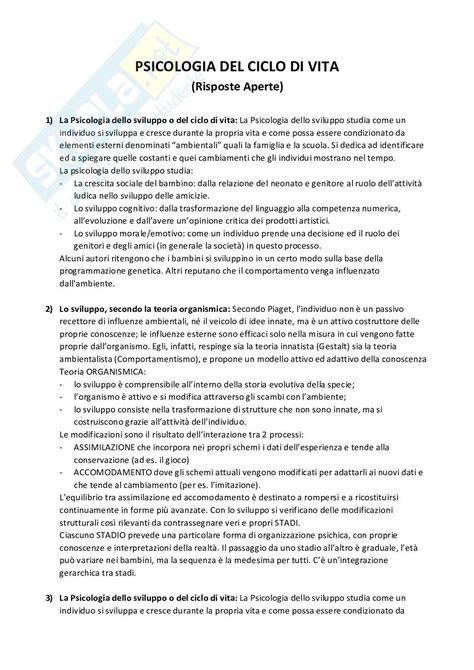 Set Domande Paniere Risposte Aperte Psicologia Del Ciclo Di Vita