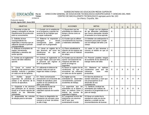 Plantrab 22 Apicola Plan de Trabajo Unidad de Producción Apícola