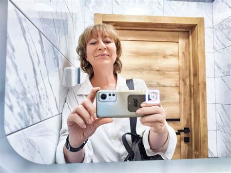 Middle Aged Blonde Woman Enjoying Morning Selfie Bathroom Mirror Stock Photos Free Royalty