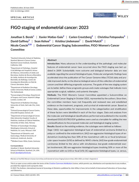 Intl J Gynecology Obste 2023 Berek Figo Staging Of Endometrial Cancer 2023 Int J Gynecol