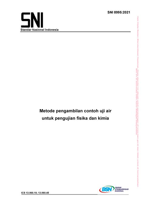 SNI 8995 Tahun 2021 Tentang Metode Pengambilan Contoh Uji Air Untuk