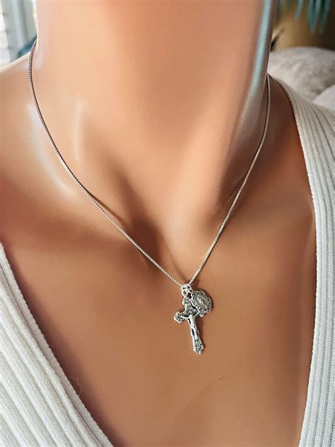 Sterling Silver Crucifix Necklace Miraculous Medal Double Etsy