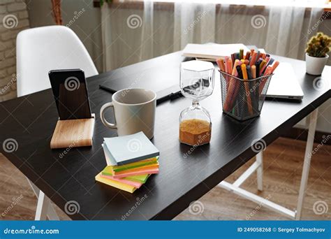 Office Desk With Stationery Items And Laptop Stock Photo Image Of