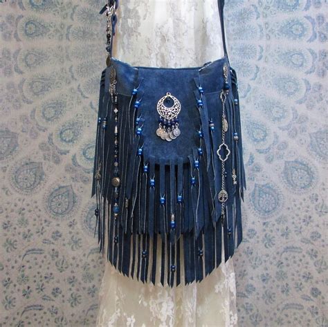 Leather Fringe Purse Blue Suede Leather Boho Handmade Bag Etsy