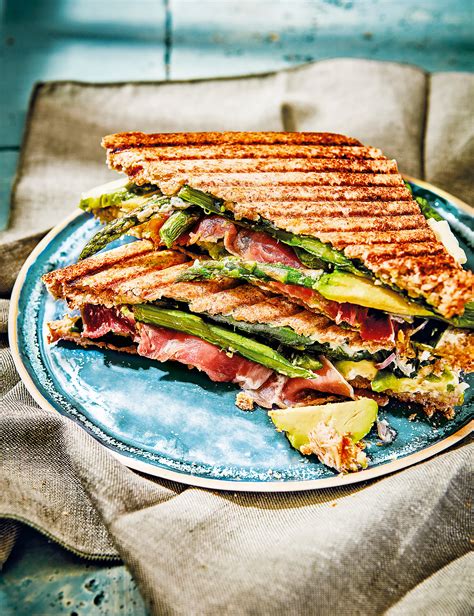 Grilled avocado, asparagus, spinach and country ham sandwich