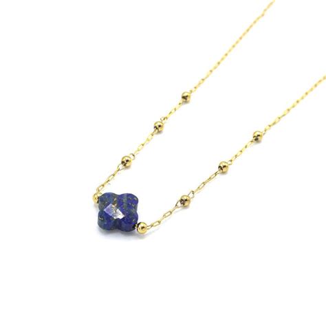 Collier Perlé Trèfle Or Acier Pierre Lapis Lazuli