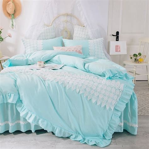 White And Tiffany Blue Ruffle And Lace Feminine Full Queen Size Bedding Sets