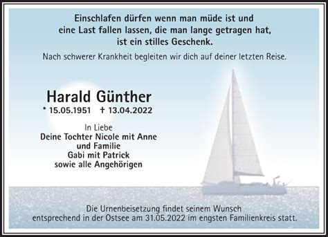 Traueranzeigen Von Harald G Nther M Rkische Onlinezeitung Trauerportal