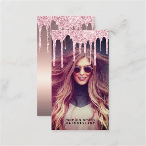 Elegant Rose Gold Glitter Drips Photo Hairstylist Business Card Zazzle